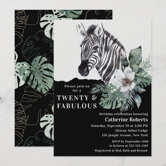 Invitación Floral acuarela Cebra salvaje Veinte cumpleaños (Anverso / Reverso)