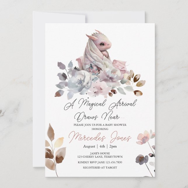 Invitación Floral acuarela Chica rosa Dragon Baby Shower (Anverso)