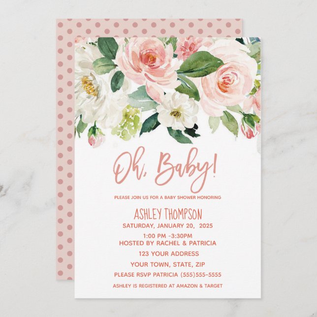 Invitación Floral acuarela Chicas rosados polvorientos Baby S (Anverso / Reverso)