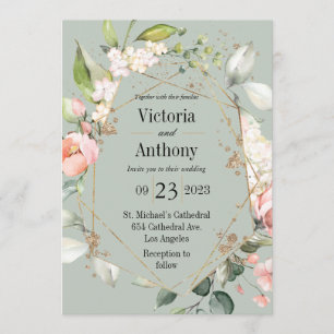 Invitación Floral acuarela color rosa Oro verde moderno Boda