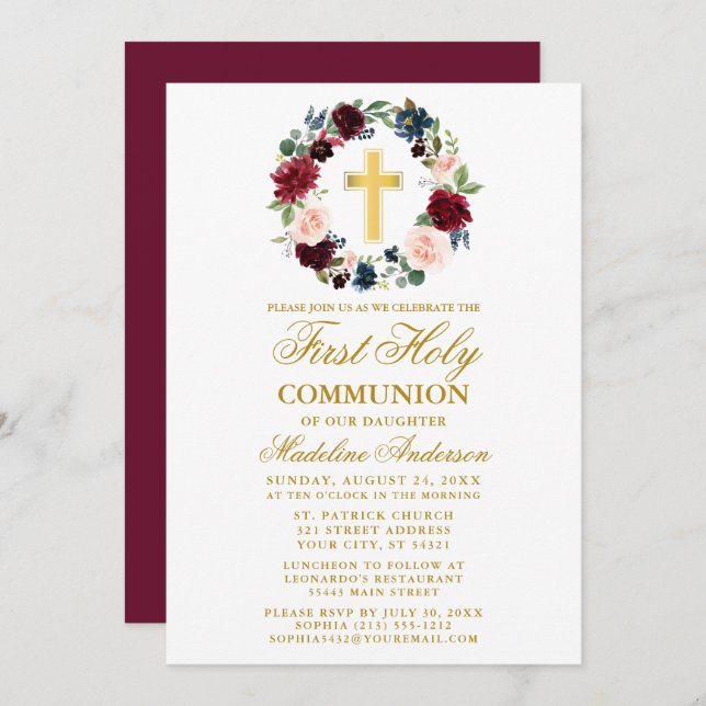 Invitación Floral acuarela correa borgoña Primera comunión (Anverso / Reverso)