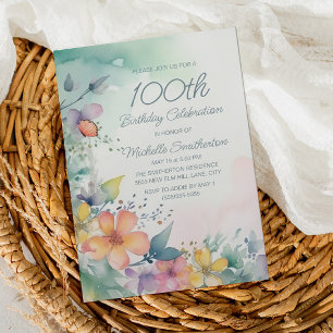Invitación Floral Acuarela Cumpleaños 100