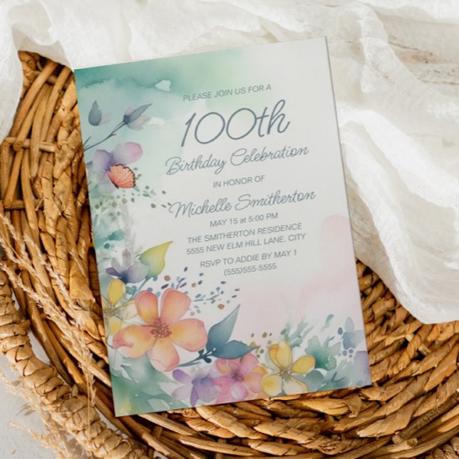 Invitación Floral Acuarela Cumpleaños 100 (Subido por el creador)