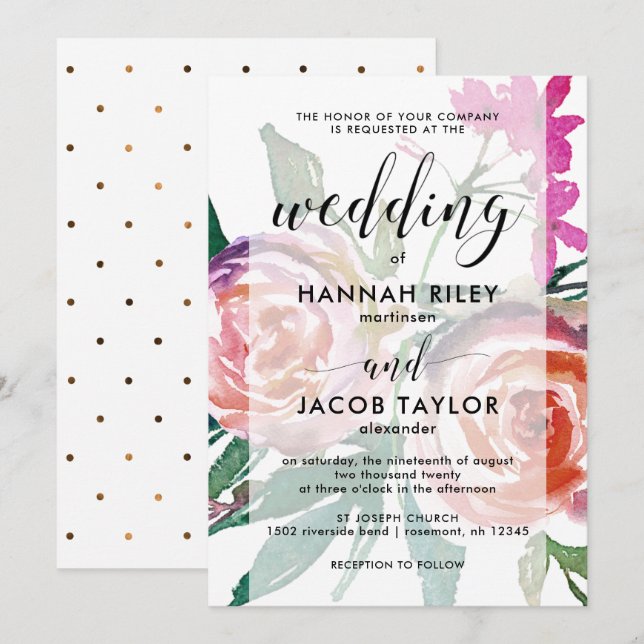 Invitación Floral acuarela de moda con Boda de puntos de oro  (Anverso / Reverso)