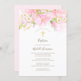 Invitación Floral acuarela Delicado bautismo Chica rosa Rubor