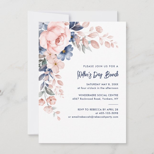 Invitación Floral acuarela Día de la Madre Brunch rosa (Anverso)