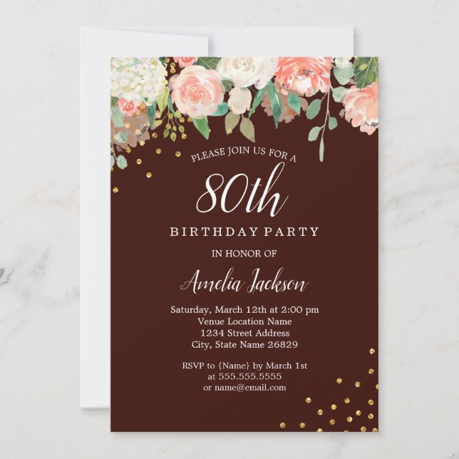 Invitación Floral Acuarela Dorado Borgoña Cumpleaños 80 (Anverso)