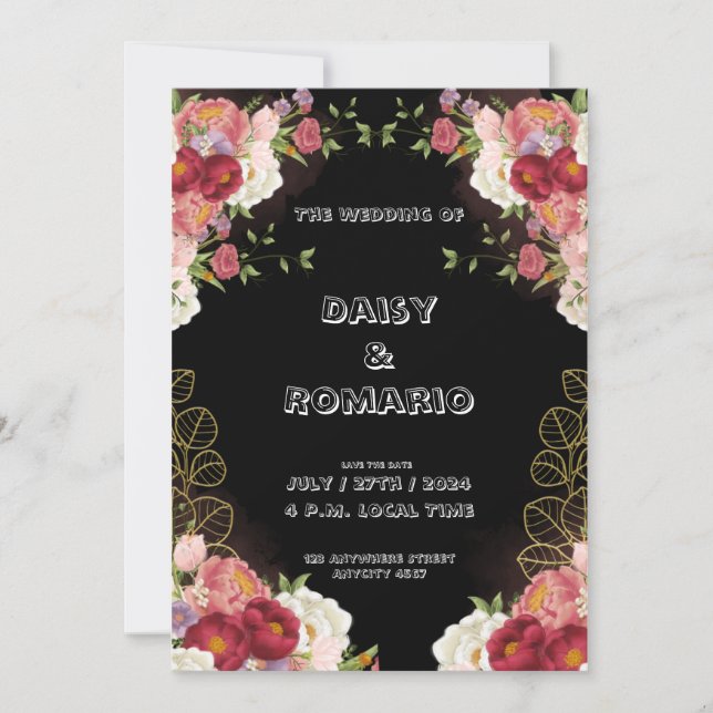 Invitación floral acuarela dorado rojo (Anverso)