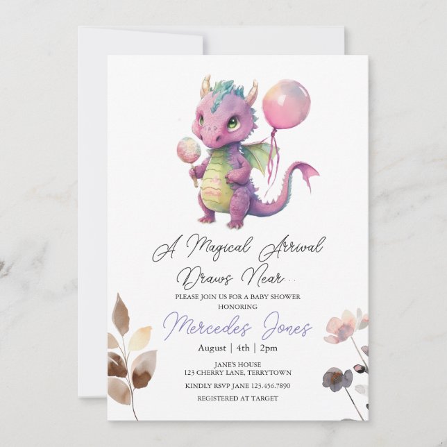Invitación Floral acuarela Dragón rosa Baby Shower (Anverso)