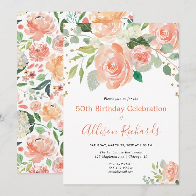 Invitación Floral acuarela elegante fiesta de cumpleaños para (Anverso / Reverso)