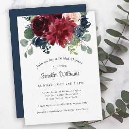 Invitación Floral acuarela en azul marino y burgundy