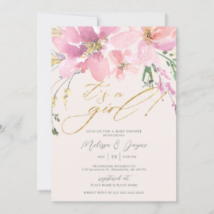 Invitación Floral acuarela es un Baby Shower Chica