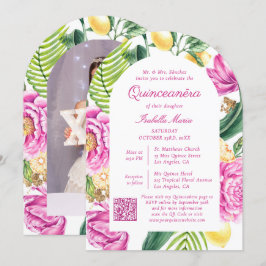 Invitación Floral acuarela Foto Código QR Quinceañera