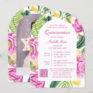 Invitación Floral acuarela Foto Código QR Quinceañera