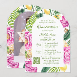 Invitación Floral acuarela Foto Código QR Quinceañera
