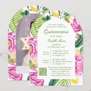 Invitación Floral acuarela Foto Código QR Quinceañera