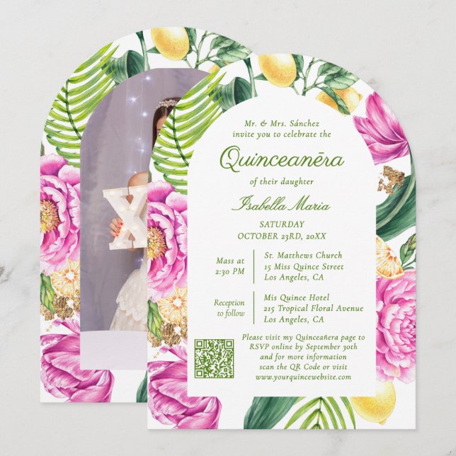 Invitación Floral acuarela Foto Código QR Quinceañera (Anverso / Reverso)