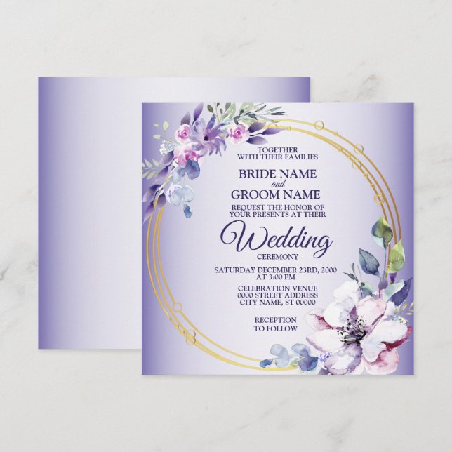 Invitación Floral acuarela Golden Geométrico Purple Boda (Anverso / Reverso)