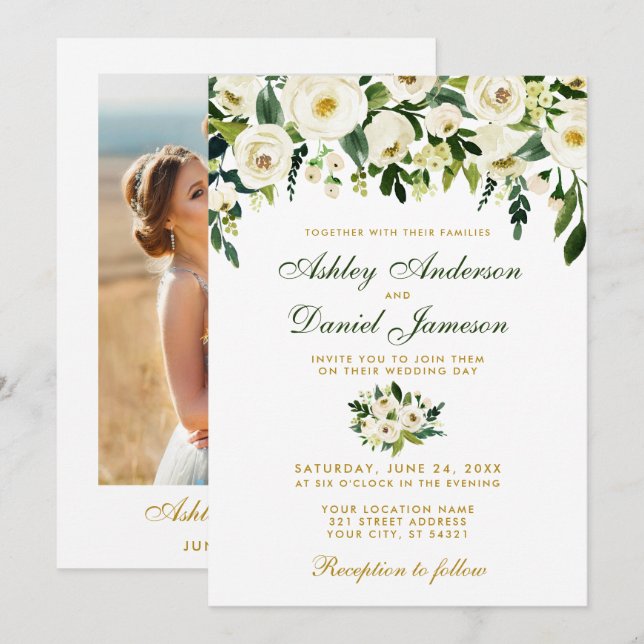 Invitación Floral acuarela Green Gold Photo Boda (Anverso / Reverso)