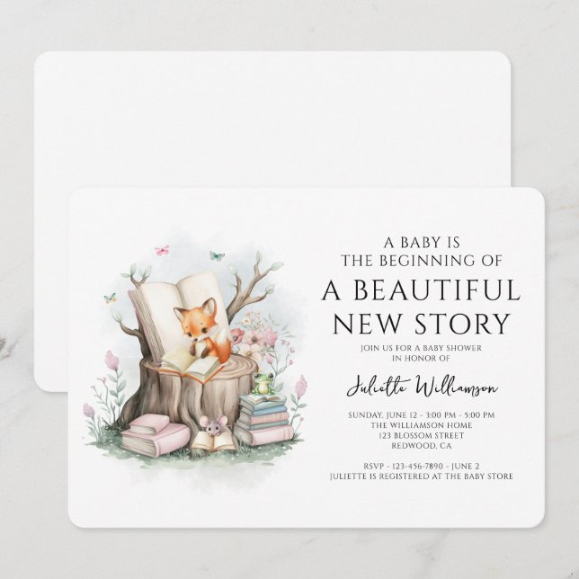 Invitación Floral acuarela Hermosa Nueva Historia Baby Shower (Anverso / Reverso)