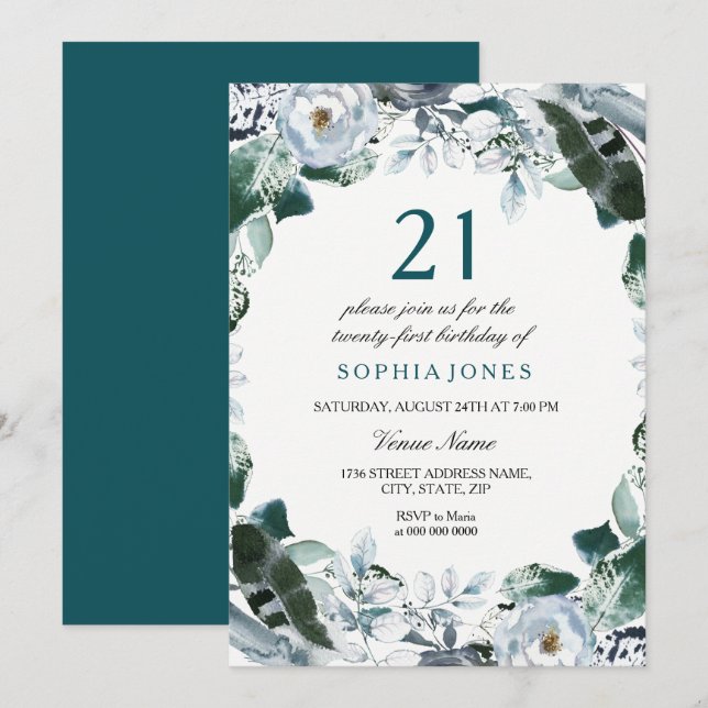 Invitación Floral acuarela Jade Green Invite de cumpleaños 21 (Anverso / Reverso)