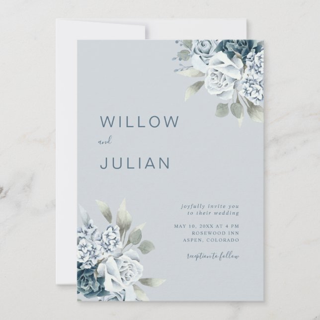 Invitación Floral acuarela moderna Boda azul turbio (Anverso)