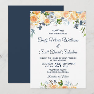 Invitación Floral Acuarela Moderna Coral Azul Marino Boda