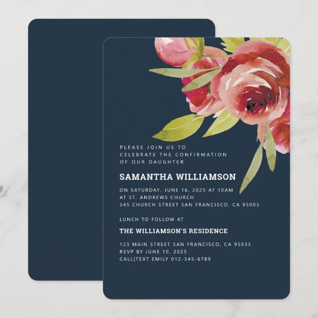 Invitación Floral acuarela moderna de confirmación (Anverso / Reverso)