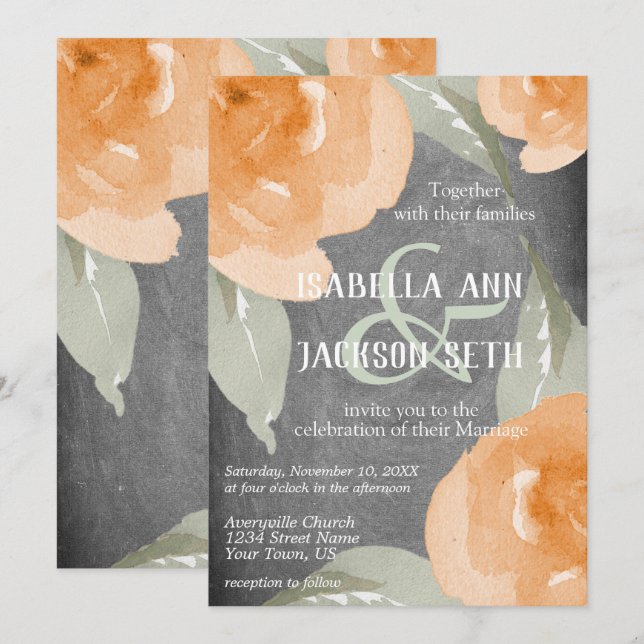 Invitación Floral acuarela naranja y cartón (Anverso / Reverso)