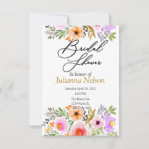 Invitación floral acuarela naranja y morada