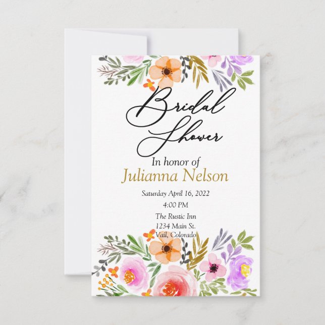 Invitación floral acuarela naranja y morada (Anverso)
