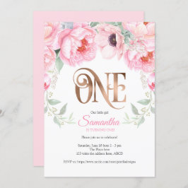 Invitación Floral acuarela, oro Rosa, Chica, primer cumpleaño