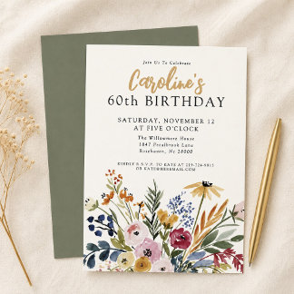Invitación Floral Acuarela Otoñal Cumpleaños 60 Elegante