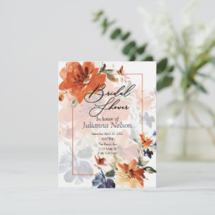 Invitación Floral acuarela otoño naranja y azul