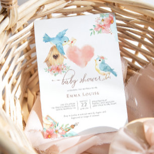 Invitación Floral acuarela Pequeñas Aves Chica Baby Shower