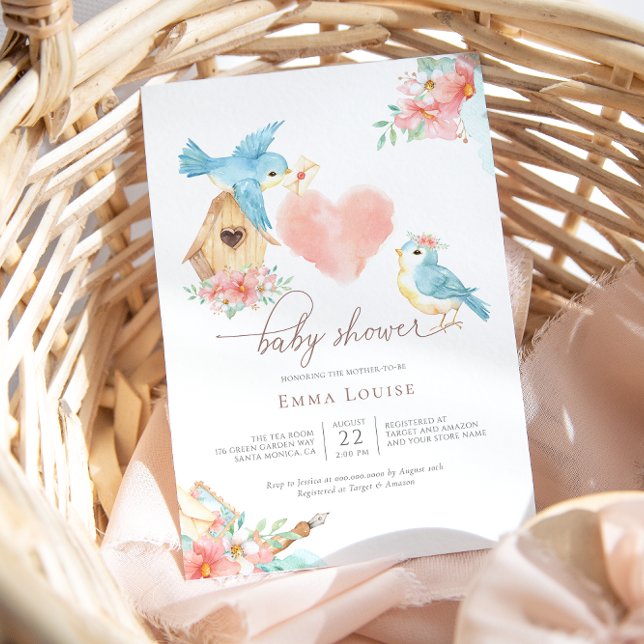 Invitación Floral acuarela Pequeñas Aves Chica Baby Shower (Subido por el creador)