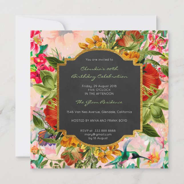 Invitación Floral acuarela Primavera Barroco Cumpleaños Oro (Anverso)