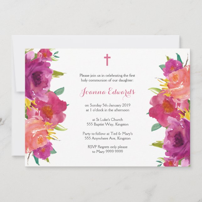 Invitación Floral acuarela Primera Comunión Personalizada (Anverso)