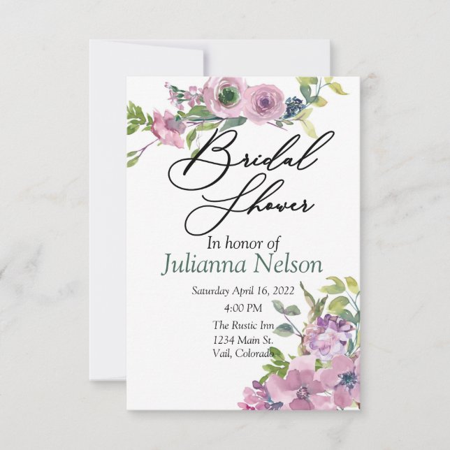 Invitación floral acuarela púrpura (Anverso)