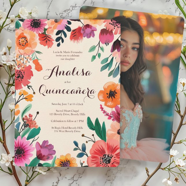Invitación Floral acuarela Quinceañera PERSONALIZADO Foto (Watercolor Floral Quinceañera CUSTOM Photo Invitation
)