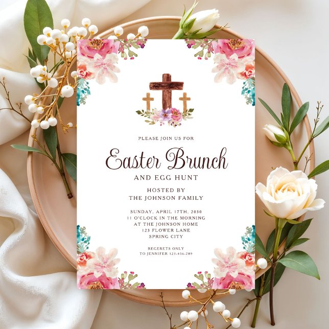 Invitación Floral acuarela Religiosa Cruce Brunch de Pascua (Floral Watercolor Religious Cross Easter Brunch Invitation)