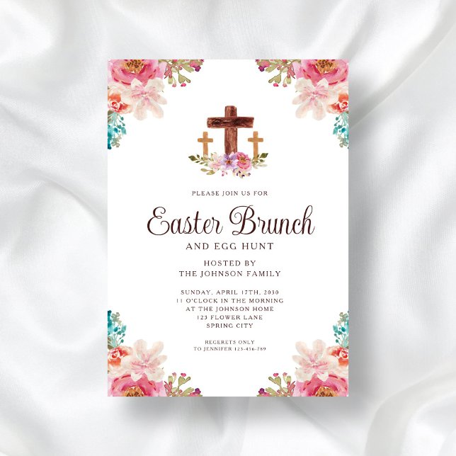 Invitación Floral acuarela Religiosa Cruce Brunch de Pascua (Floral Watercolor Religious Cross Easter Brunch Invitation)