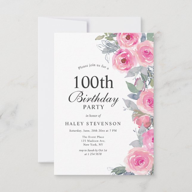 Invitación Floral Acuarela Rosa Femenino Cumpleaños 100 (Anverso)