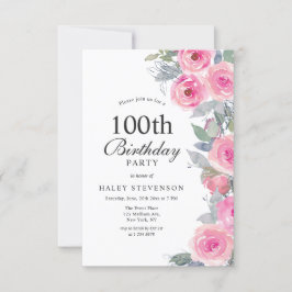 Invitación Floral Acuarela Rosa Femenino Cumpleaños 100