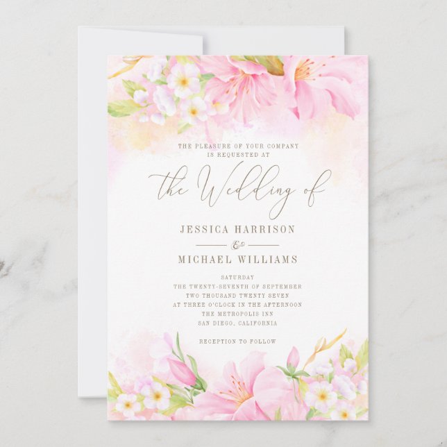 Invitación Floral acuarela Rubor Ombre Rosa Boho Botánico (Anverso)