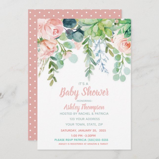 Invitación Floral acuarela Rubor rosa Baby Shower (Anverso / Reverso)
