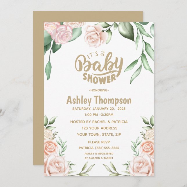 Invitación Floral acuarela Rubor rosa Baby Shower (Anverso / Reverso)