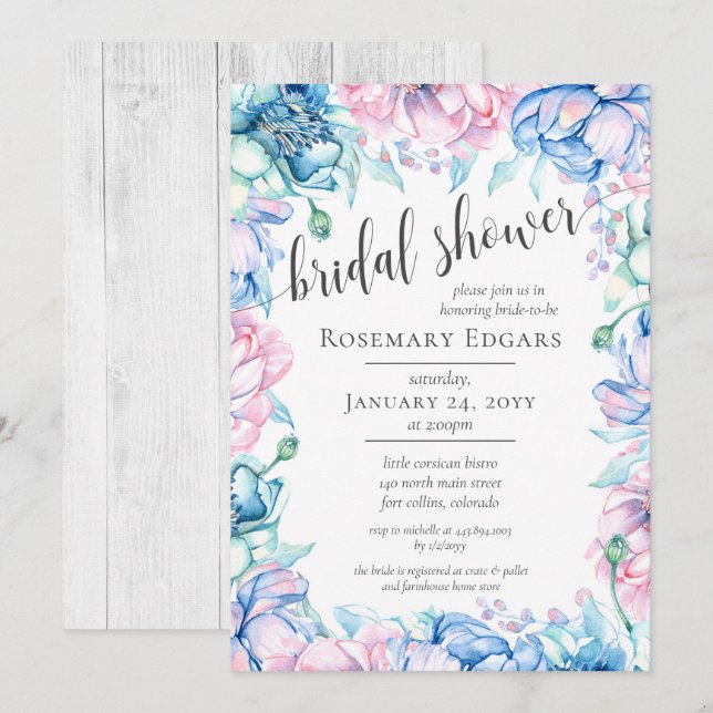 Invitación Floral acuarela Rústica granja Bridal Shower (Anverso / Reverso)