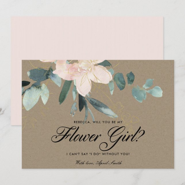 INVITACIÓN FLORAL ACUARELA RÚSTICA ROSADO SÉ MI DAMITA DE HON (Anverso / Reverso)