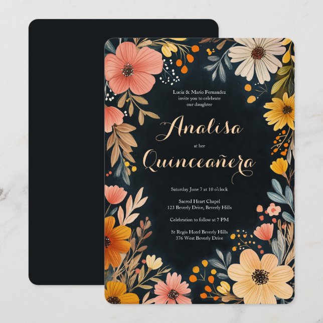 Invitación Floral acuarela sobre PERSONALIZADO de Quinceañera (Anverso / Reverso)